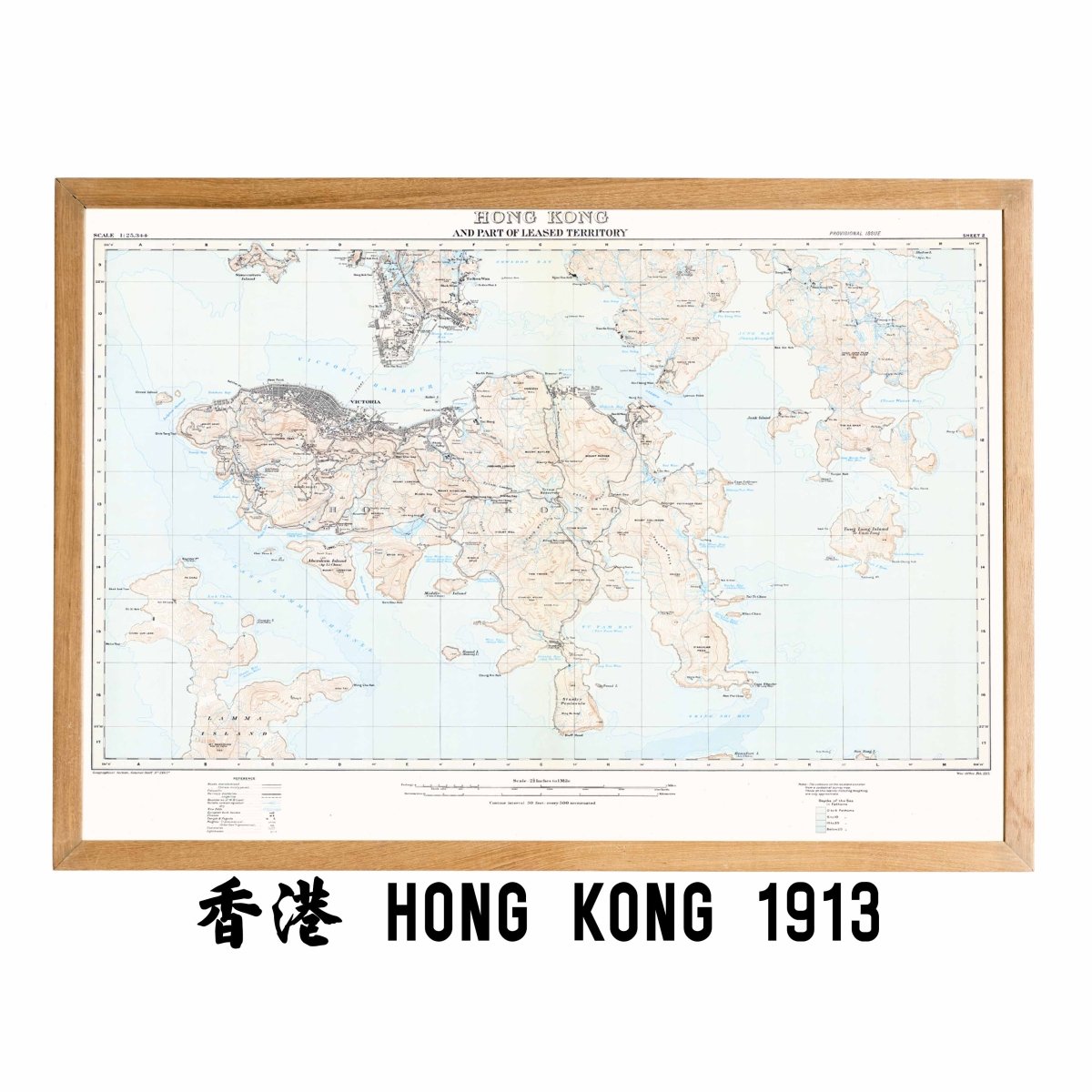 1913年香港島九龍重製油畫布舊地圖 - Hong Kong Maper