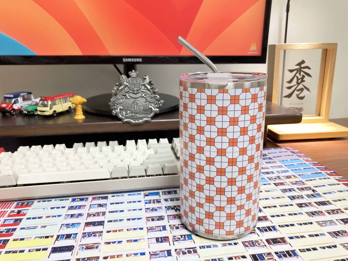 港式地磚紙皮石圖案不鏽鋼保溫咖啡杯 600ml (橙) - Hong Kong Maper