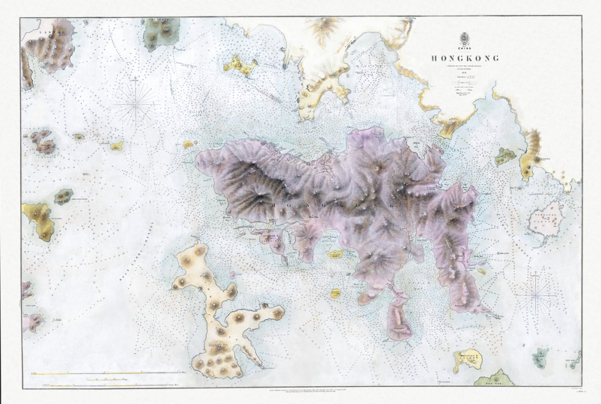 1841年香港島九龍半島復古重製油畫布舊地圖 - Hong Kong Maper
