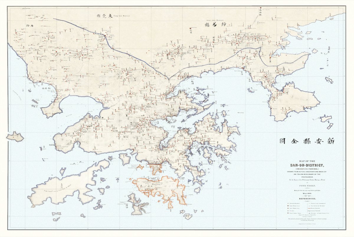 1866年新安縣香港九龍新界全境油畫布重製舊地圖 - Hong Kong Maper