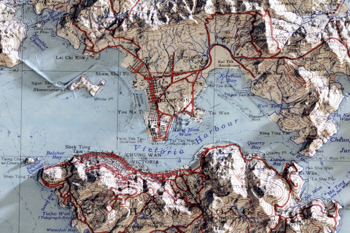 1945年香港全境2D陰影地形油畫布重製舊地圖 - Hong Kong Maper
