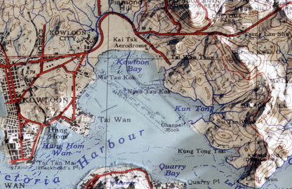 1945年香港全境2D陰影地形油畫布重製舊地圖 - Hong Kong Maper
