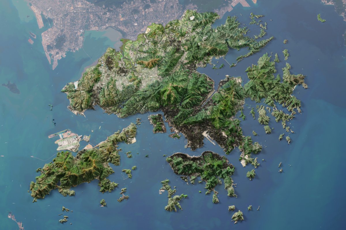 香港九龍新界全境2D陰影地形油畫布地圖 - Hong Kong Maper